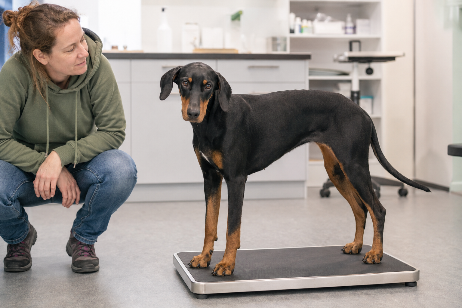 Krátkosrstý pes stojí na veterinární váze při kontrole